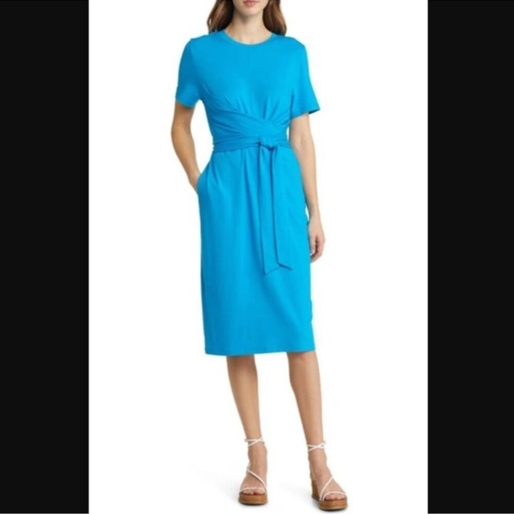 Nordstrom Signature Blue Vacation Tie Front MIDI Dress